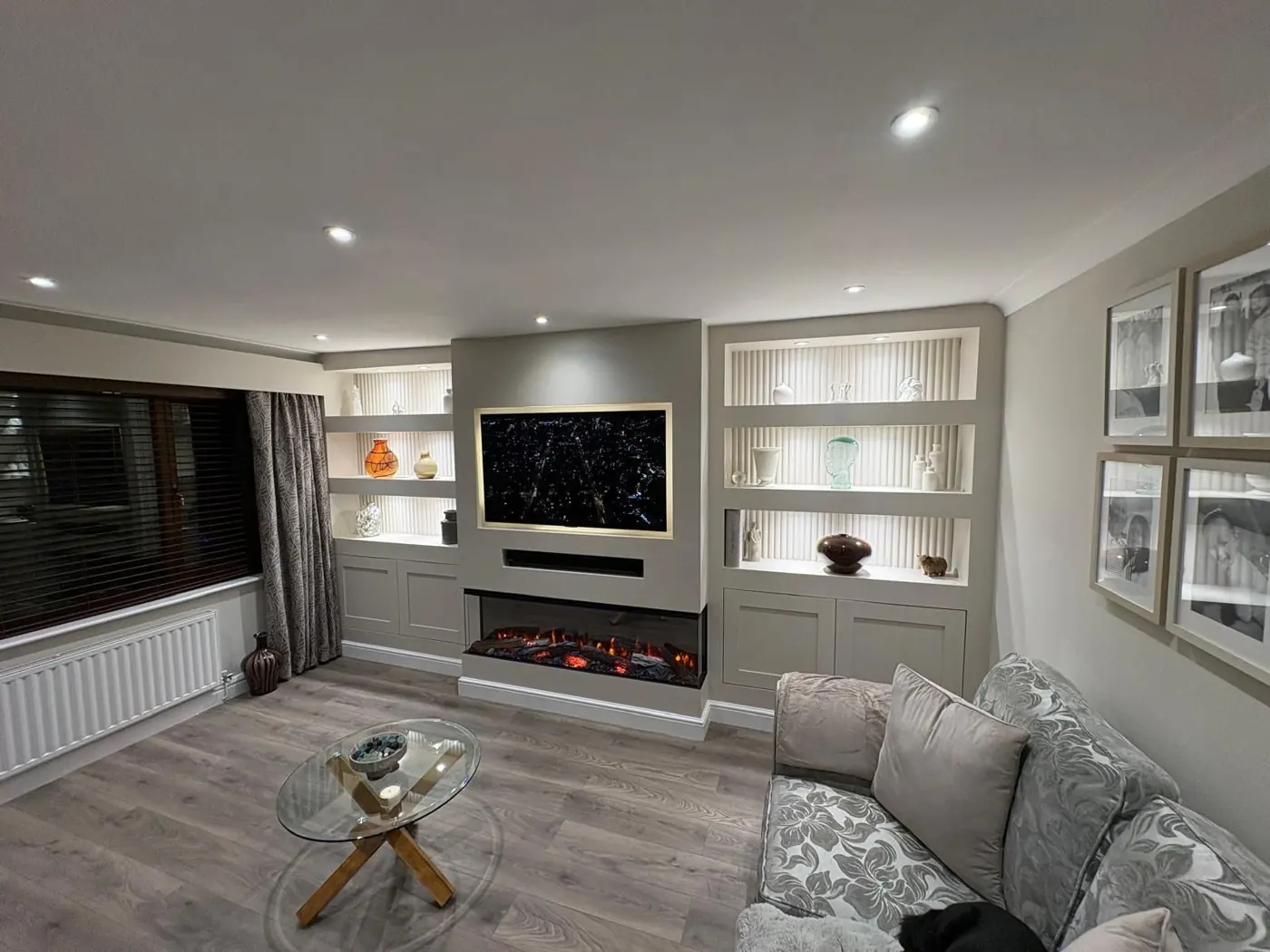 Media wall with fire and shelving